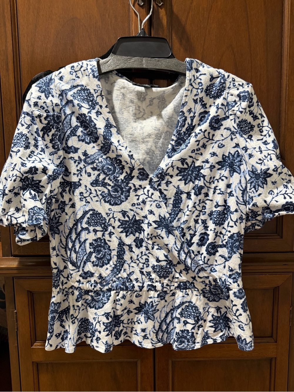 INC International Concepts White and Navy Floral Wrap Peplum Top